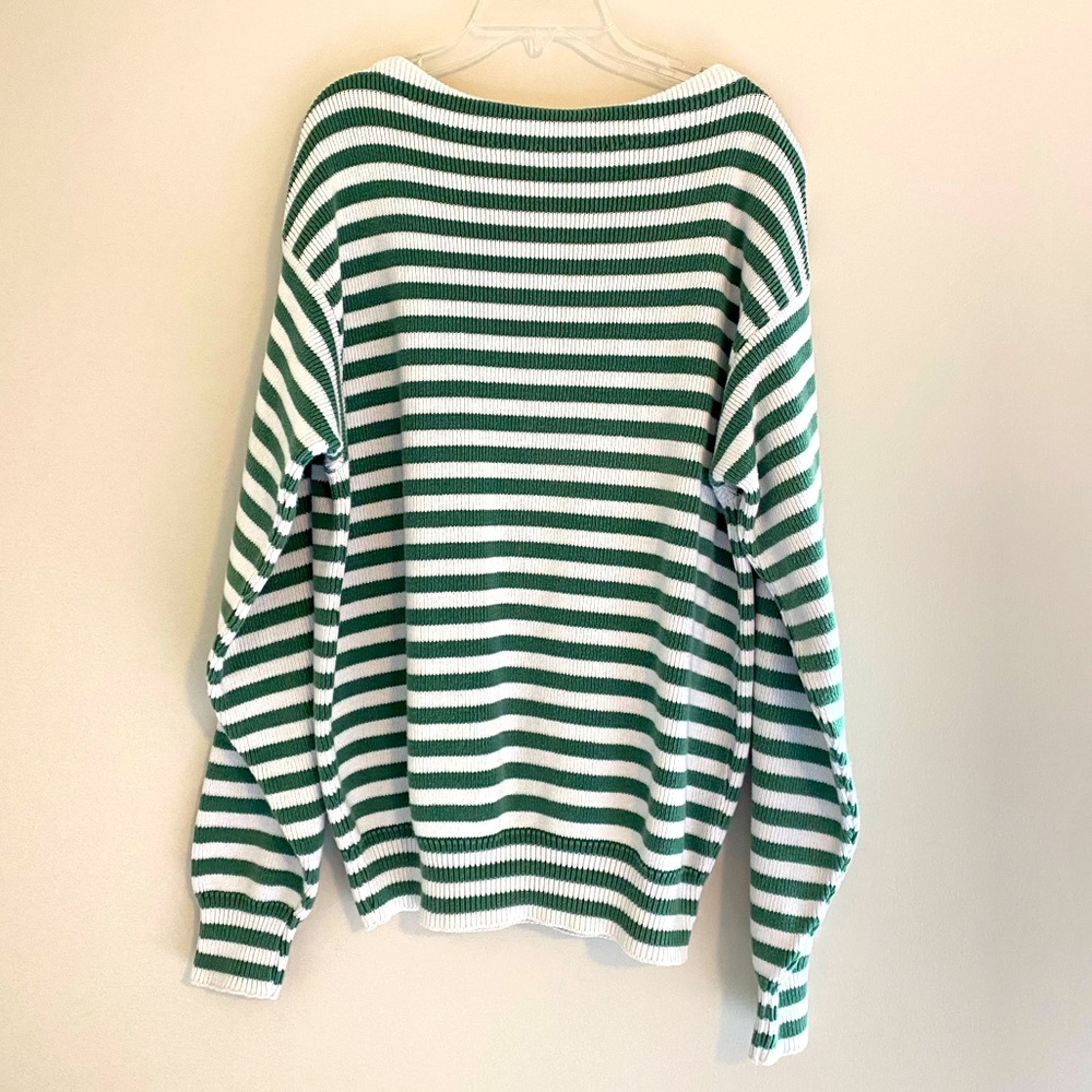 Vintage 1980s Men’s Cotton Green Striped Boatneck Sweater, M/L